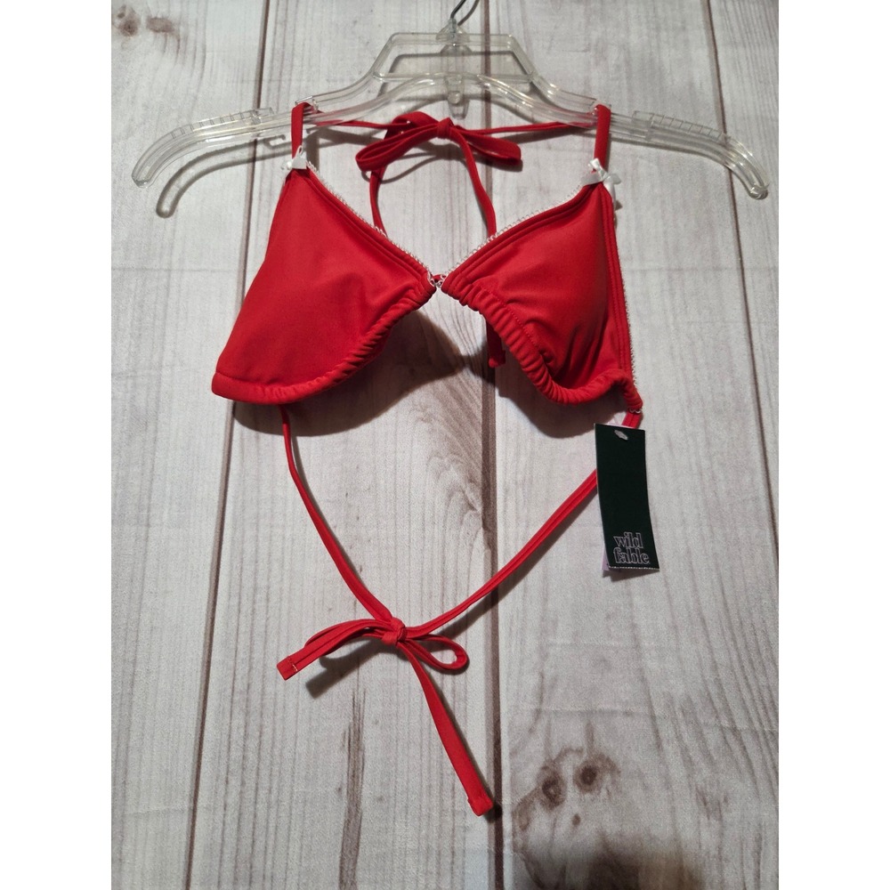 Wild Fable Red Triangle Bikini Top White Trim Bows Removable Pads Small 4-6 NEW